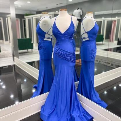 V Neck Royal Blue Fitted Long Prom Dress With Open..