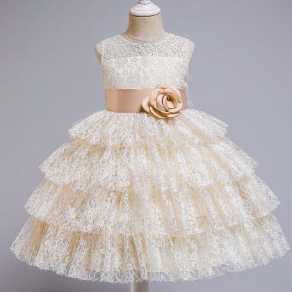 Tiered Champagne Lace Flower Girl Dress With Belt