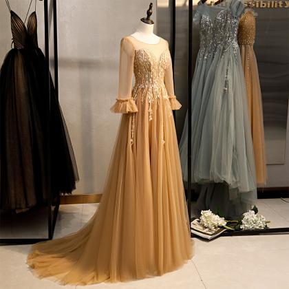 Long Sleeves Embroidered Gold Evening Gowns Formal..