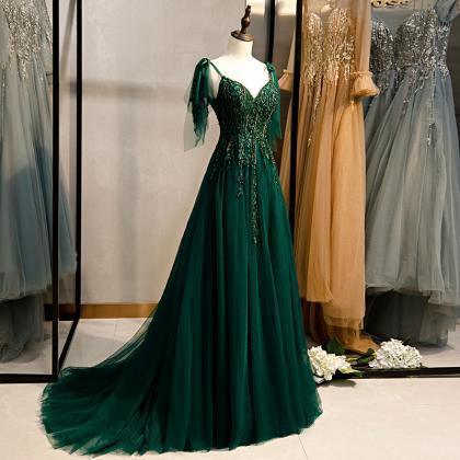 Embroidered Dark Green Long Evening Dresses With..
