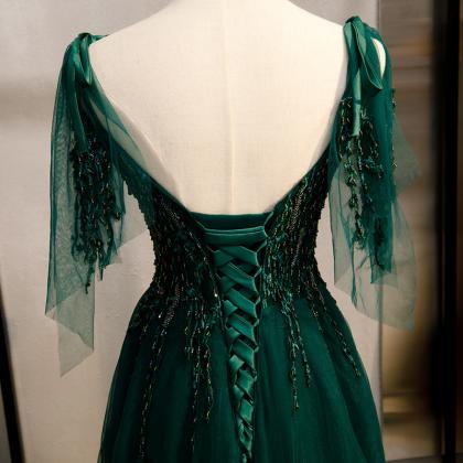 Embroidered Dark Green Long Evening Dresses With..