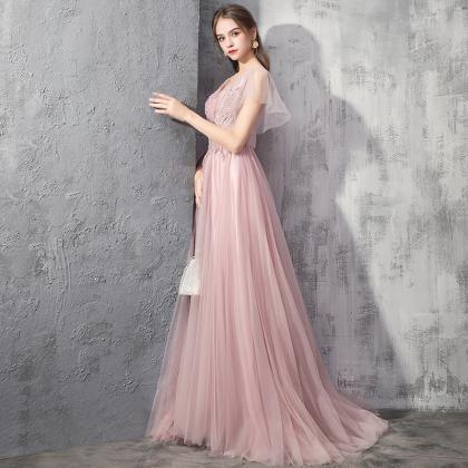 Mesh Neck Long Evening Dresses With Beads