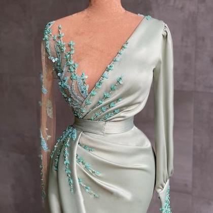 Long Sleeves Sheer Neck Pageant Dress With Beads