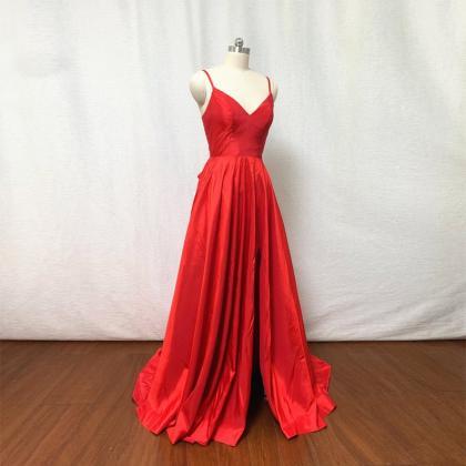 Red Slit Prom Dress With Tie Back