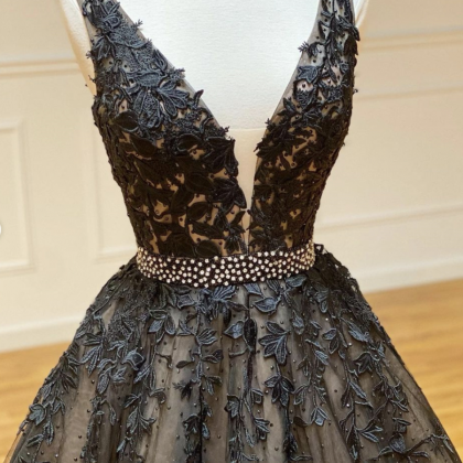 Mesh Plunging Neck Prom Dress With Black Lace