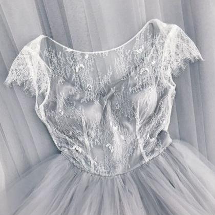 Gray Lace Tulle Boho Wedding Dress