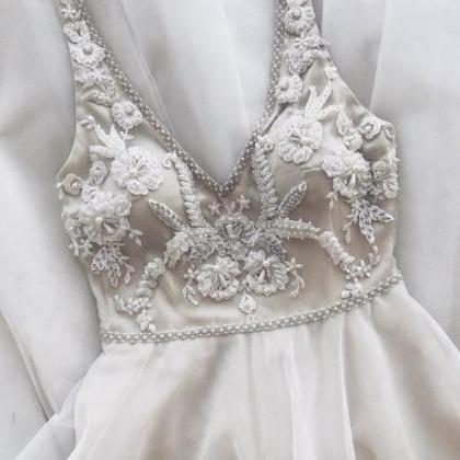 V Neck Champagne Ivory Boho Wedding Dresses Bridal..