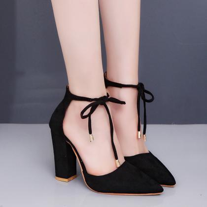 Pointed Toe Chunky Heels Ankle Lace Up Party Shoes