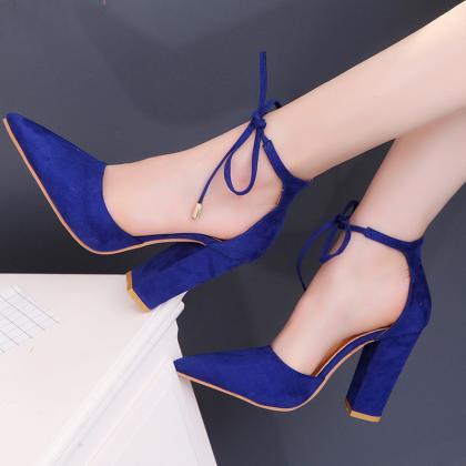 Pointed Toe Chunky Heels Ankle Lace Up Party Shoes