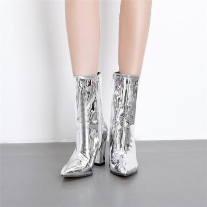 Metallic Chunky Heeled Silver Women Boots