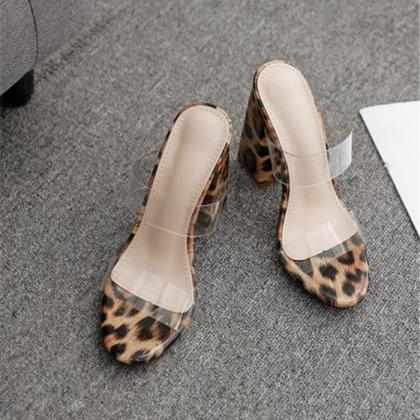 Two Part Leapord Print Chunky Heels Sandals Shoes