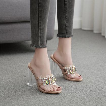 Jewely Decor Clear Chunky Heel Mule Sandals