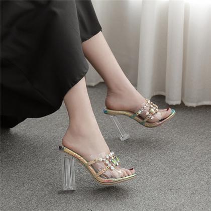 Jewely Decor Clear Chunky Heel Mule Sandals