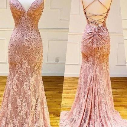 Rhinestones Decor Fitted Lace Prom Dress With..