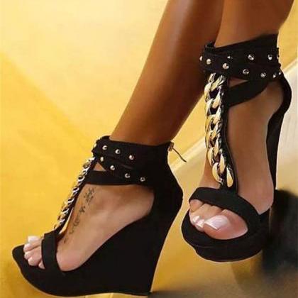 Metal Chains Decor Black Wedges Shoes Women