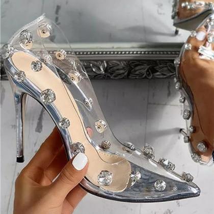 Crystals Decor Silver Stiletto Heels Bumps Shoes