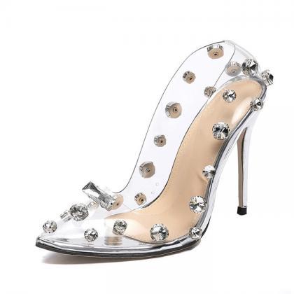 Crystals Decor Silver Stiletto Heels Bumps Shoes