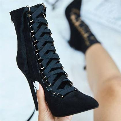 Lace-up Front High Heeled Suede Boots