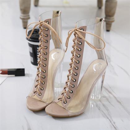 Lace-up Front Sandals With Clear Chunky Heels