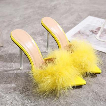 Fluffy Front Mules Sandals With Clear Stiletto..