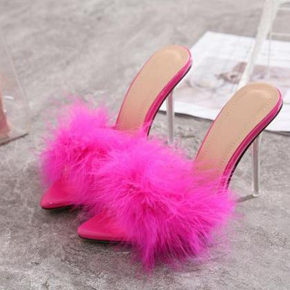 Fluffy Front Mules Sandals With Clear Stiletto..