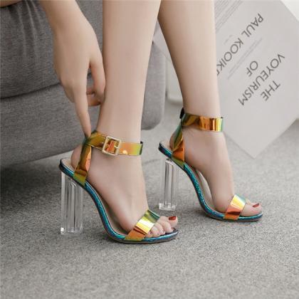 Holographic Ankle Strap Clear Chunk Heeled Sandals