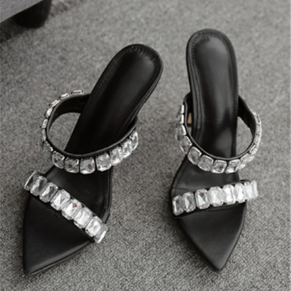 Crystals Decor Two Party Black Heeled Sandals