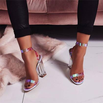Holographic Ankle Straps Sandals With Clear Chunky..