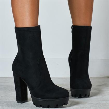 Chunky Platform Suede Black Boots