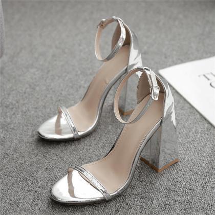 Ankle Strap Chunky Heeled Silver Sandals