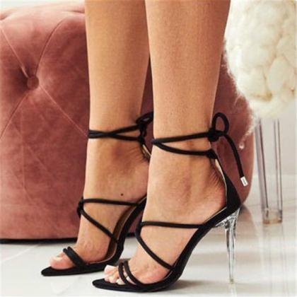 Strappy Thong Black Women Sandals With Clear..