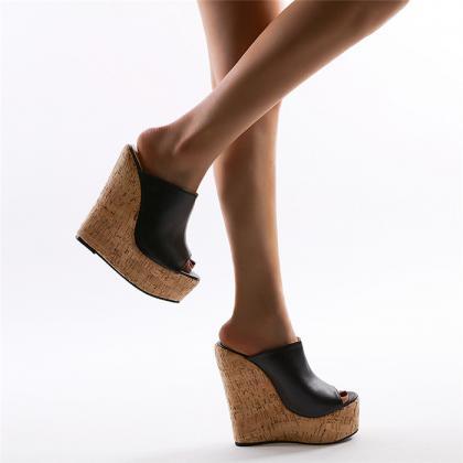 Peep Toe Wedge Mule Sandals Shoes Women