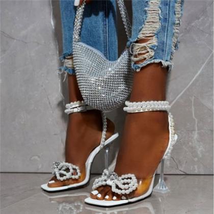 Faux Pearls Decor Ankle Strap Sandals Heels