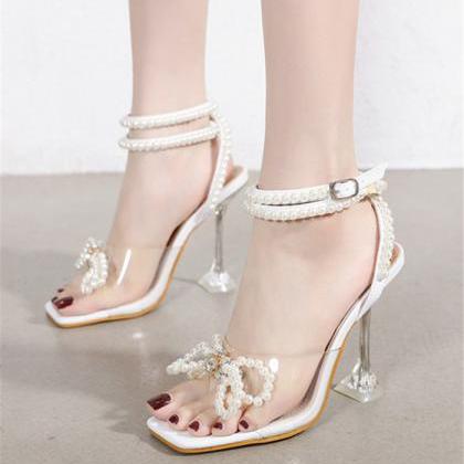 Faux Pearls Decor Ankle Strap Sandals Heels