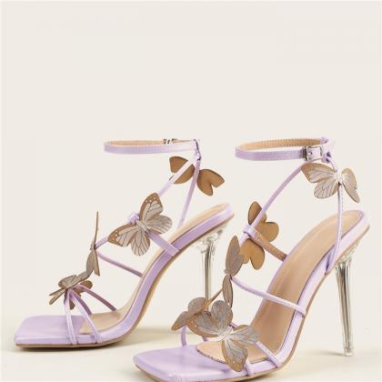 Butterfly Decor Ankle Strap Lavender Sandals Heels