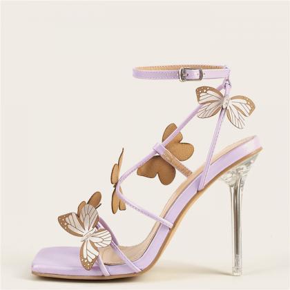 Butterfly Decor Ankle Strap Lavender Sandals Heels
