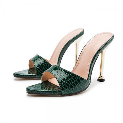 Point Toe Embossed Faux Leather Mule Sandals Heels