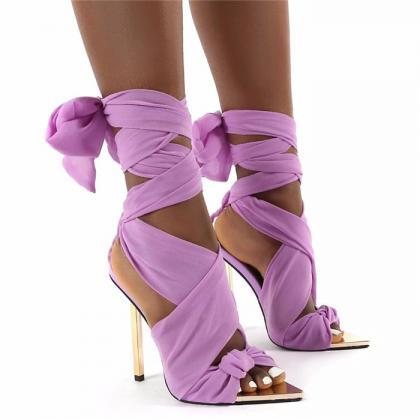 Lavender Tie Leg Stiletto Heeled Sandals