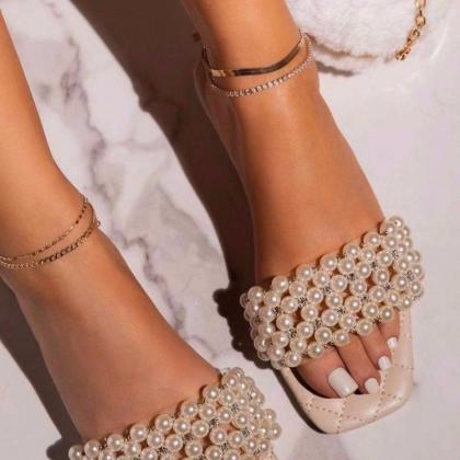 Faux Pearls Decor Women Slippers Slides