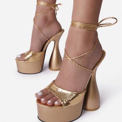 Tie Leg Embossed Gold Platform Sandals