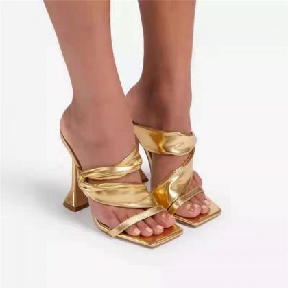 Pyramid Heeled Gold Sandals Women