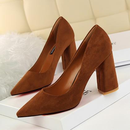 Point Toe Suede Chunky Heeled Pumps Shoes Women