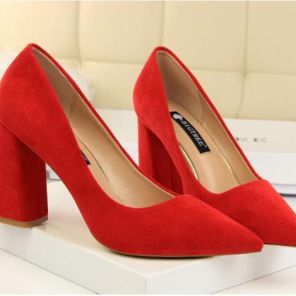 Point Toe Suede Chunky Heeled Pumps Shoes Women