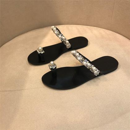 Pearls Decor Black Women Sandals