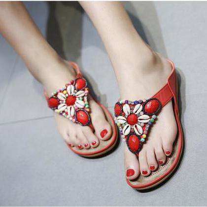 Gemstone And Shell Decor Red Flip Flops Sandals