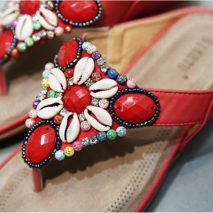 Gemstone And Shell Decor Red Flip Flops Sandals