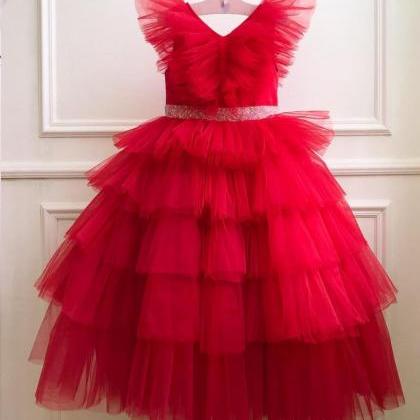 Red Tulle Girl Pageant Dresses With Beaded Belt