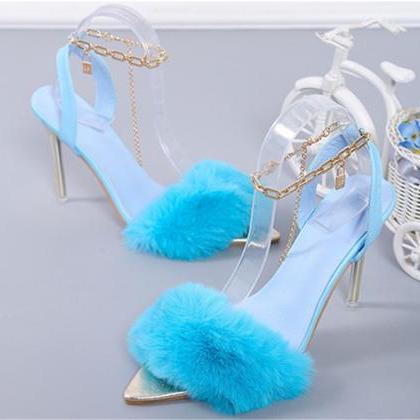 Fluffy Decor Blue Chain Ankle Strap Women Sandals