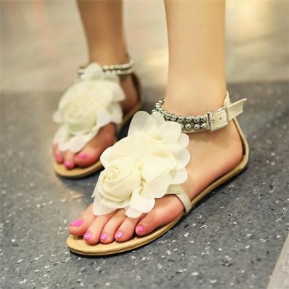 Fowers Decor Ankle Staps Flat Sandals