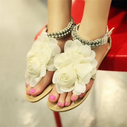 Fowers Decor Ankle Staps Flat Sandals